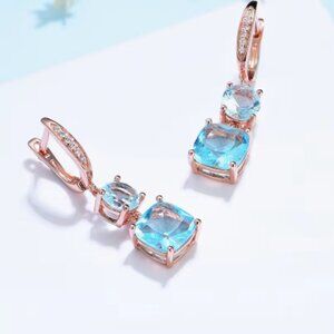 Kuololit Rose Gold Hoop Earrings with Aquamarine Stones